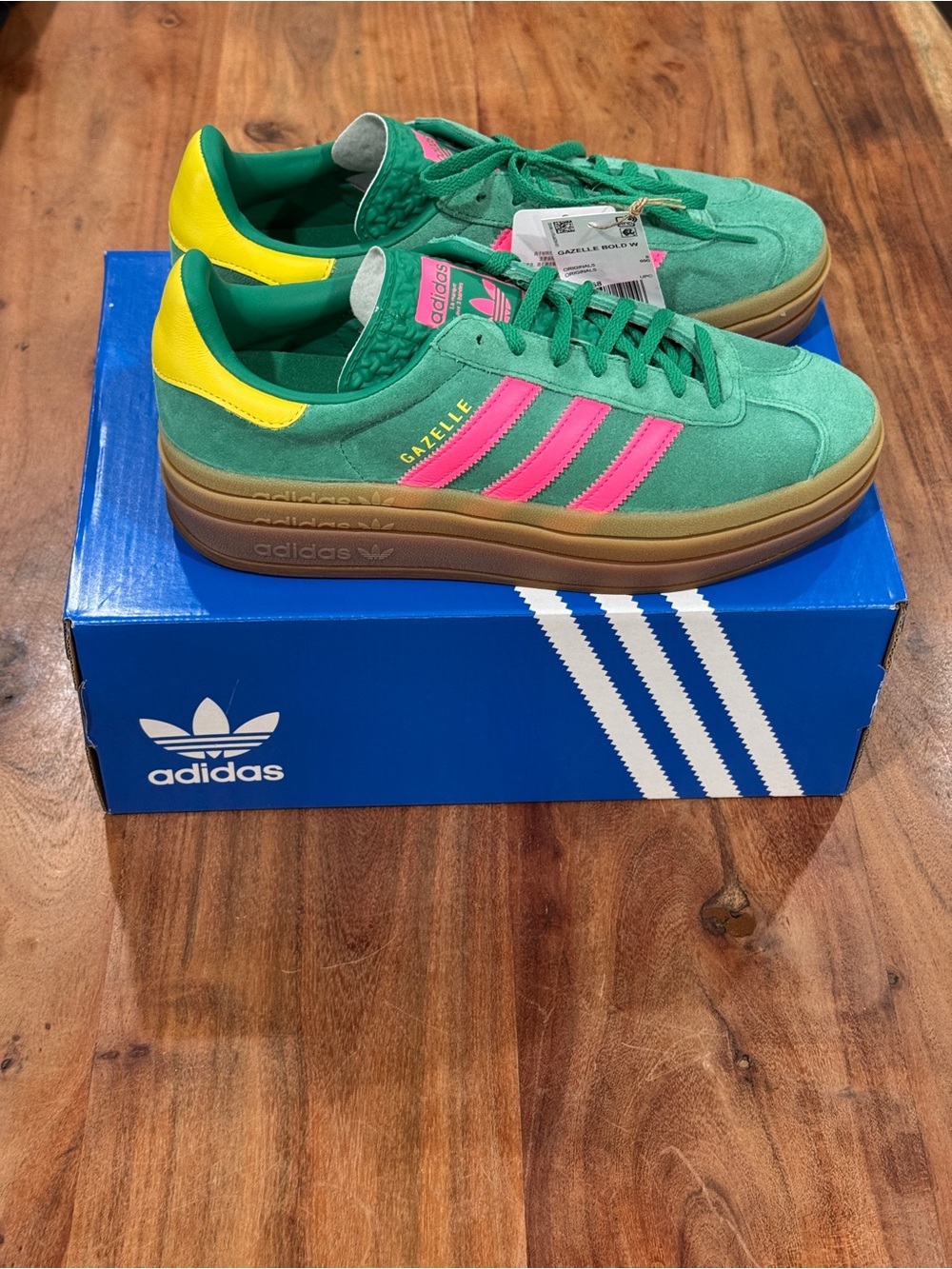 adidas Gazelle Bold Sneakers in Green with Pink Stripes